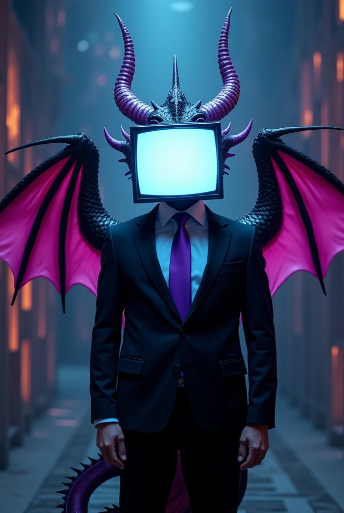 A man with tv head, blank screen and Ying yang colored sea dragon ears, 1 horn and 1 antena. Using a black suit and purple tie. Black and white colored dragon wings and purple tail, fierce