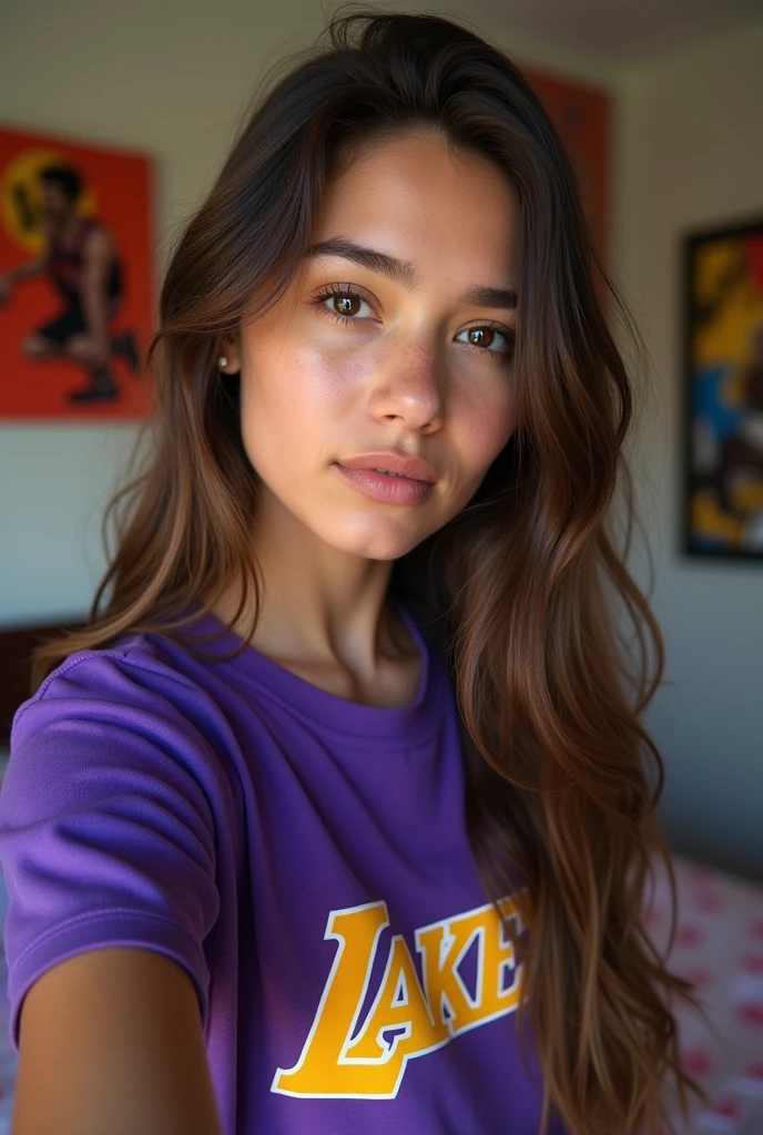 create a realistic photo, a beautiful 20 year old girl is taking an amateur selfie for Instagram, The photo should be realistic, but the quality not so good, add texture to the hair and skin, facefocus, she's wearing a Lakers shirt, she is in her room, in the background some nba paintings, add pores and some blemishes to her face, The photo was taken with a Motorola, amateur photo, instagramart