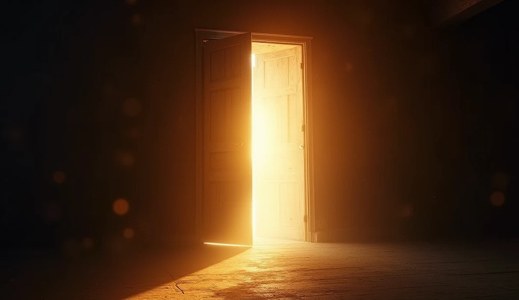 a door slowly opening, revealing a bright, enveloping light