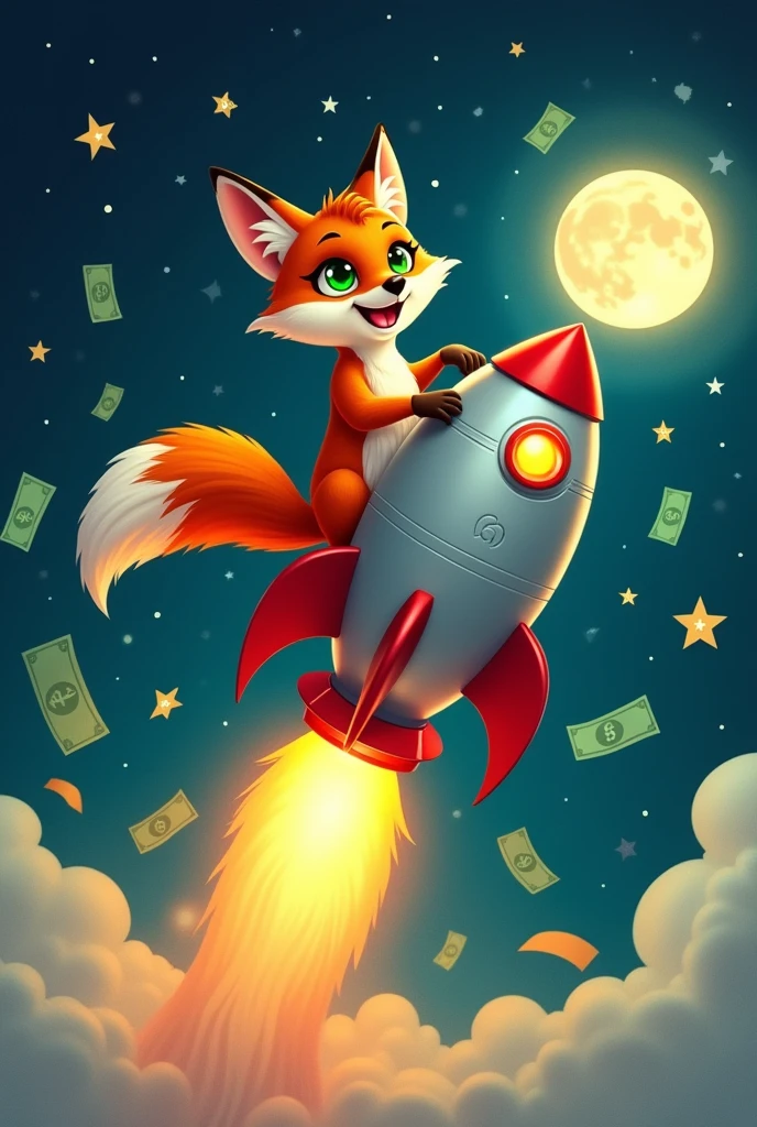 Cunning and smiling fox on a rocket which shoots money instead of fire to moon