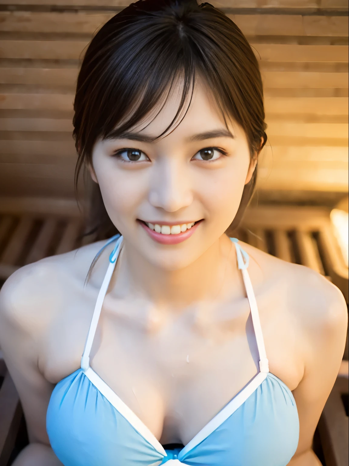 (Realistic、photo Realistic:1.17)、1 person、19 years old、(Bob Hair, Shortcuts, Brown Hair)、Sitting in a sauna, (Light blue bikini: 1.2), (Browsing Caution:1.3), Beautiful breasts, (Small breasts: 0.2), thigh、Beautiful Skin, (smile: 0.8), blush, double eyelid、(Sweaty body:1.2)、Make eye contact with the camera、high quality