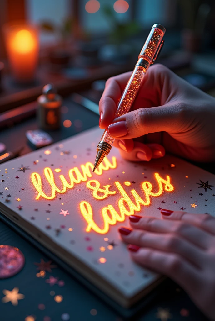 A bewitching, L&#39;16K hyper-realistic 3D illustration captures a magical moment of pure creativity. Un artiste talentueux esquisse magistralement un message sincère, " liliana & ladies", in a notebook. The text is composed of vibrant, étoiles de couleur sépia qui traversent en douceur tout le spectre. La main de l&#39;artiste, tenant un stylo transparent rempli d&#39;radiant stars, is superbly detailed, symbolisant une créativité et une imagination sans limites. L&#39;arrière-plan est un décor de carnet de croquis en trois dimensions avec des éléments dispersés partout, adding depth and dimension to this captivating, gameffiti-inspired scene. L&#39;illustration rayonne d&#39;energy, movement, et des couleurs vibrantes, which makes it a true work of&#39;art that celebrates creativity and&#39;imagination., game, cinematic, vibrant, gameffiti, paint, typogamephy, produit, illustration, photo, 3d rendering, vogue, Dark fantasy