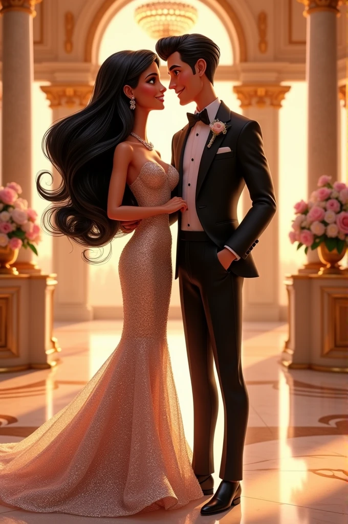 Animated Barbie-style black-haired couple dressed elegantly