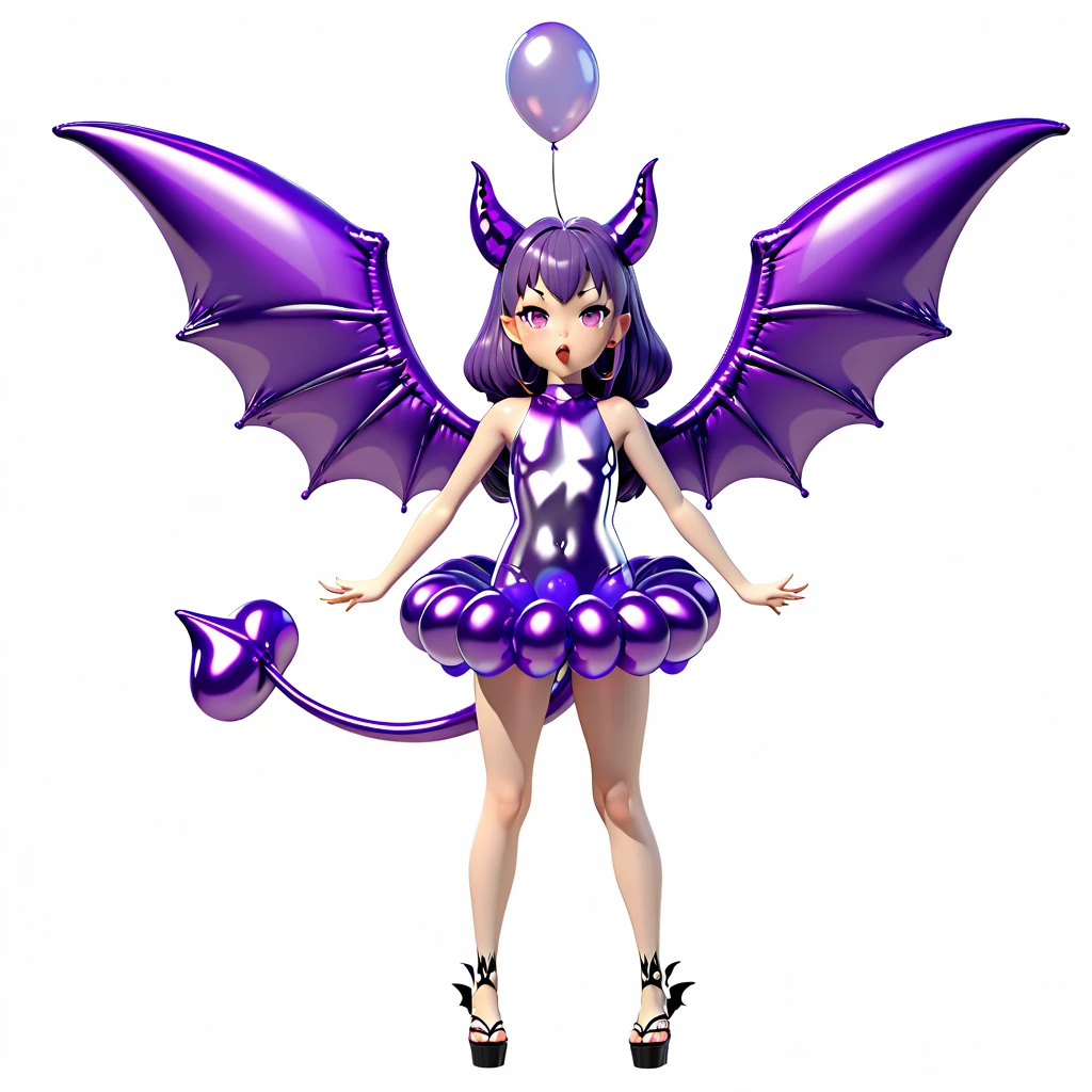Succubus Japanese female 3d magic smooth transparent rubber inflatable big devil wings smooth transparent inflatable devil tail smooth inflatable girl smooth body smooth metallic purple rubber clothes blowing balloon tail blowing balloon full body picture front