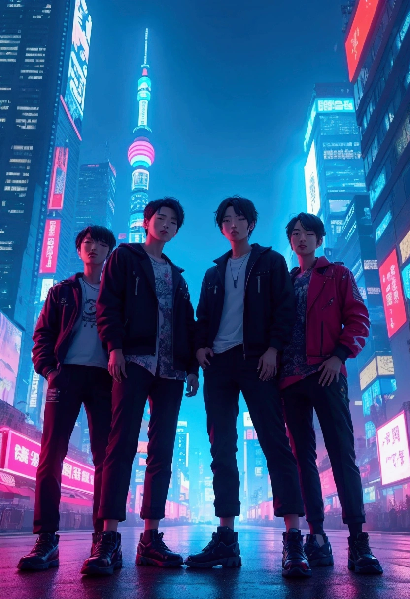 They created the image of a Japanese pop group made up of only four men..neonブルーの色合いの東京の建物を背景に、Standing figure showing the whole body,Cyberpunk World、neon,High resolution, Anatomically correct, Highest quality, Ultra high definition, 8k