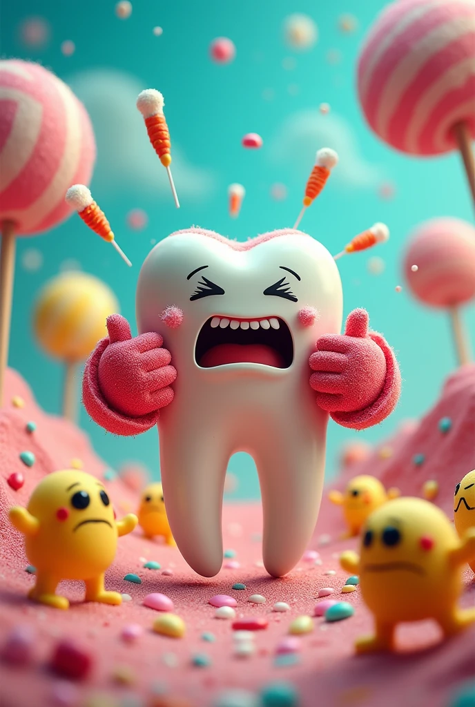 Tooth with very hurt gloves fighting with some small yellow monsters, The monsters have candy, cakes and soda as weapons