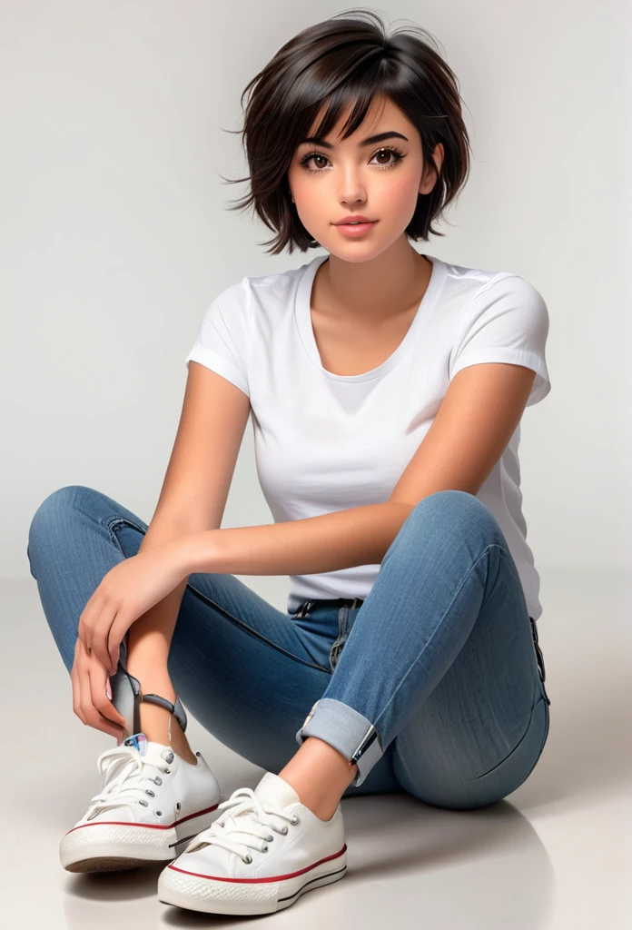 Woman, Brazilian, adolescent, round brown eyes, black short hair, white undershirt, jeans, all star sneakers, fully body, sitting on the floor, with legs crossed, transparent background scene