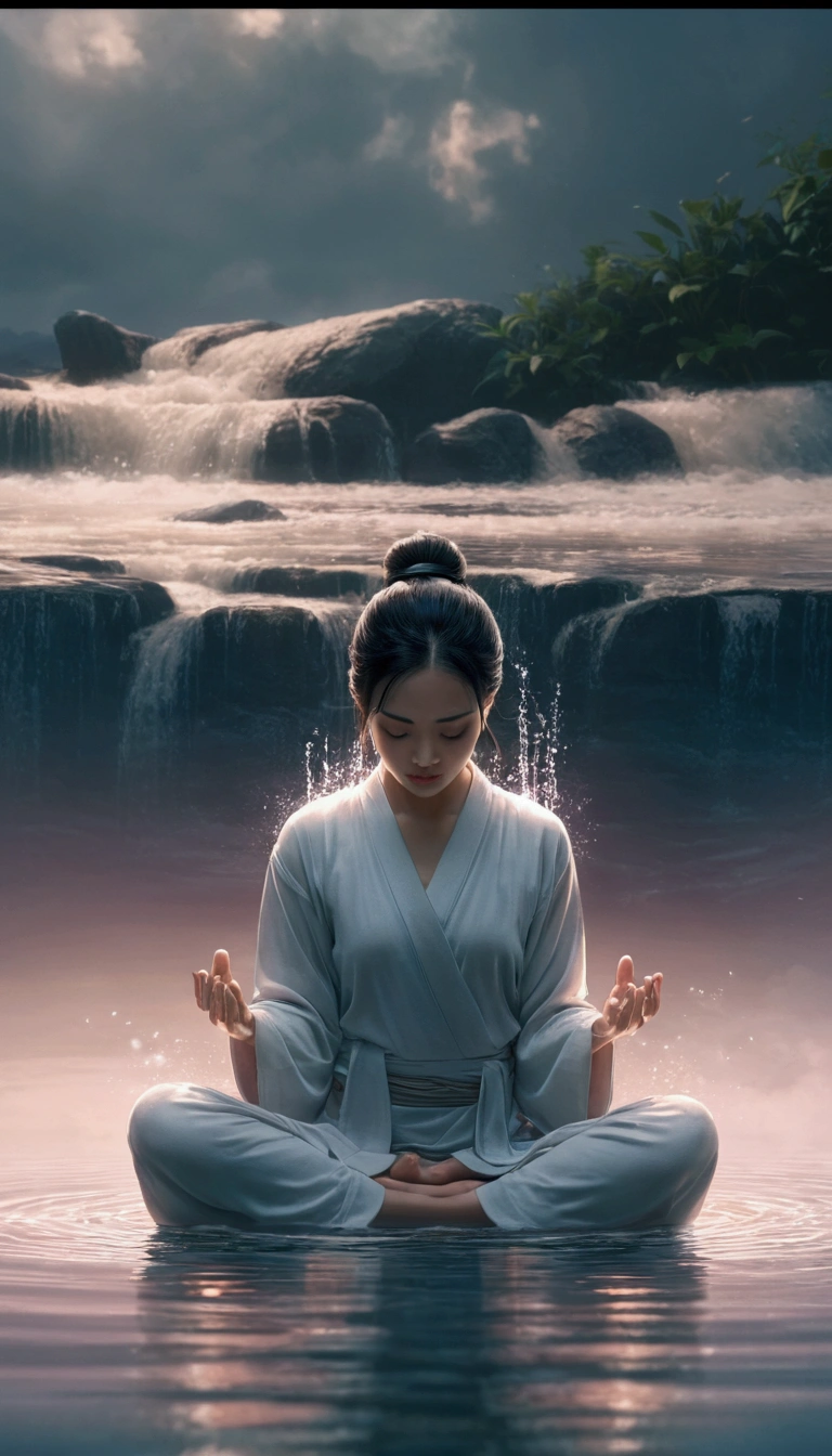 There is a woman sitting in the water with her eyes closed., 赛博朋克禅宗meditation, Beautiful digital artwork, meditation, Water Treatment Photoshop, 8k stunning artwork, Floating in a powerful zen state, meditation, Ross Tran 8k, realistic digital art 4k, realistic digital art 4k, zen meditation, 8K Photorealistic Digital Art, Zen Aesthetics