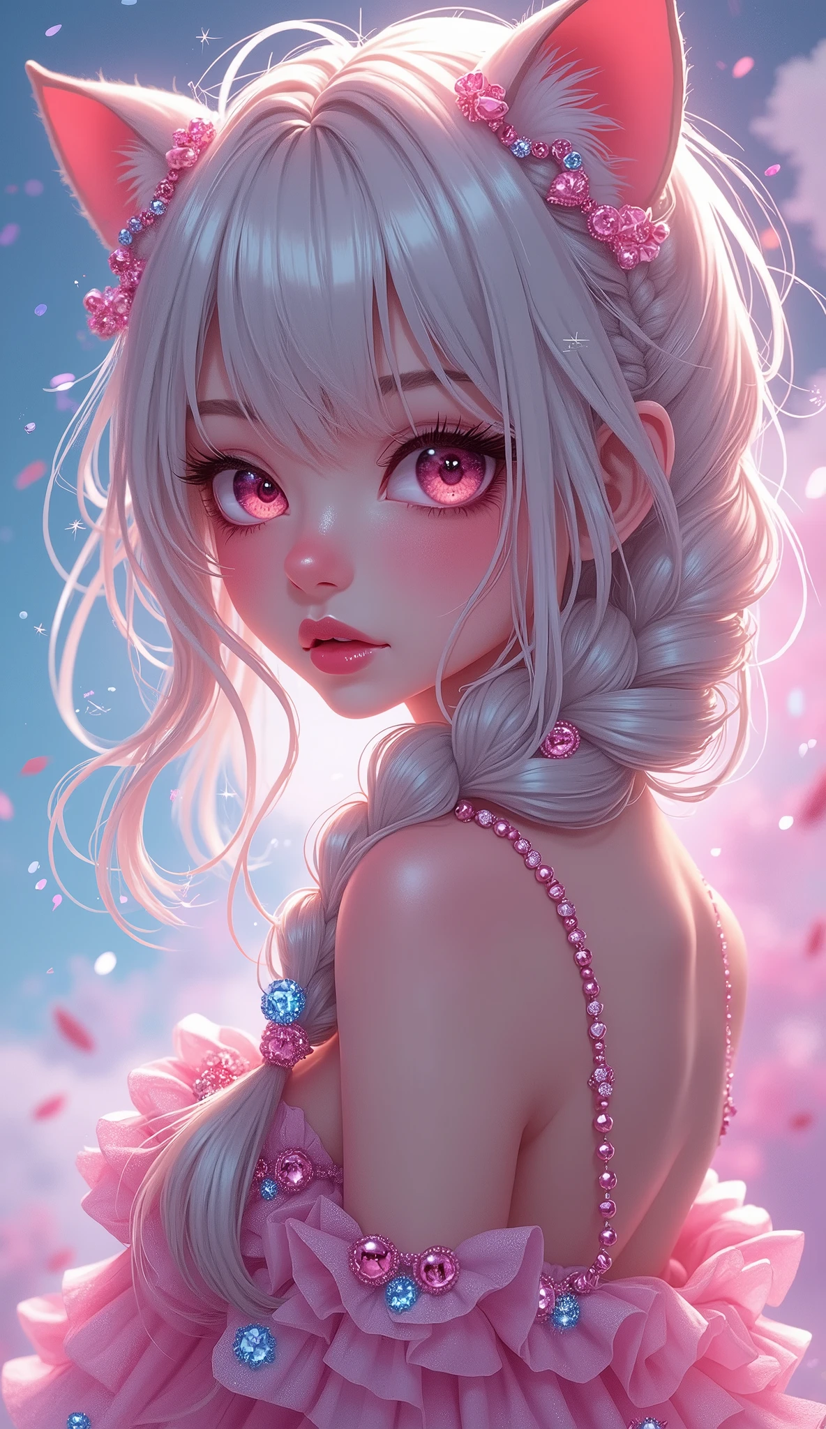 (masterpiece, Best Quality), intricate details, realist, photorealist, Full Body Portrait, Instagram Photo of a woman wearing aretes, Mary R., inspired by Emma Andijewska, wrapped in crystals,(masterpiece:1.3), (Best Quality:1.3), (Ultra-detailed:1.2), ((kawaii)), Cute, (lovely), ((sexy)), ((Extremely detailed)), 4K, (8K), Best Quality, (Beautiful), Illustration, anime style, (bold line:1.2), Gradation,(best quality, ultra-detailed, photorealistic: 1.39), bright and vibrant colors, studio lighting, (Perfect eyes:1.2), (Perfect iris:1.2), romantic kawaii expression, cute delicate smile, kawaii makeup, 17-year-old e-girl, short red dress, platinum braided and curl white hair, cat ears, big breasts, fit, long wavy hair, mercenary, Mary R.