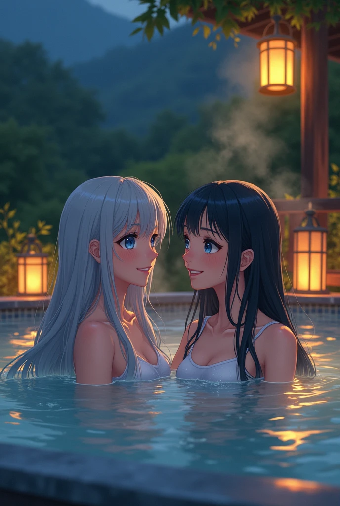 A girl with gray hair and blue eyes at the hot spring in the evening with her friend who has long black hair. 