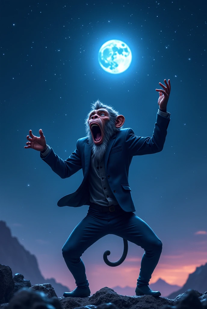 Make a phone wallpaper image. I want it to be Hanuman wearing a suit, looking cool and dancing with a big yawn, like he's yawning at the stars and moon.  mood : Cool colors