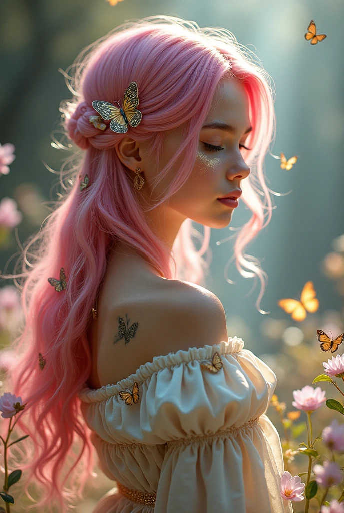 A very beautiful girl, Young and sexy with extremely pink hair with blue streaks. Her skin is white and delicate and has golden butterflies scattered that are like tattoos, besides her body being covered in a shiny golden powder, your eyes are silver, She is noble e possui vestes chiques e elegantes porém é uma aventureira filha de uma fada, She is noble, She is also a bard and loves music, She is always with her delicate lute, besides carrying her beautiful sword with her dagger shaped like a flower, Because she is a bard, she is always with her lute in hand and her beautiful sword with a flower-shaped dagger..