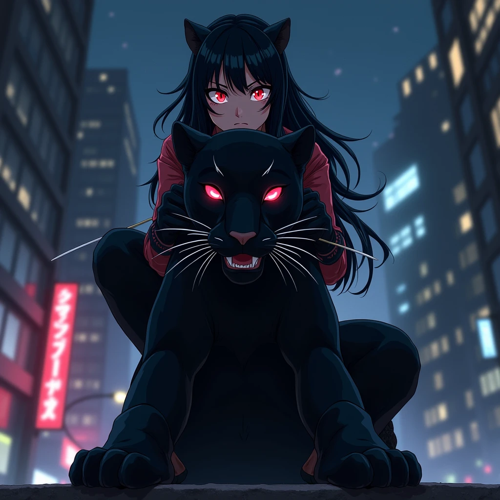 Yuri with black hair and red eyes in action at spy and family in anime style with both knife in hands hidding her face only her red eyes glimmering at dark city light... There's a big huge black panther she is sitting on it's back with her savage attitude