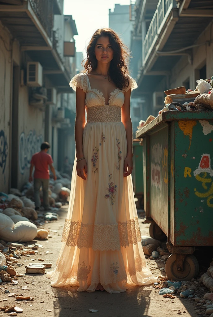 Beautiful girl wearing dress in the middle of a dirty Dumpster