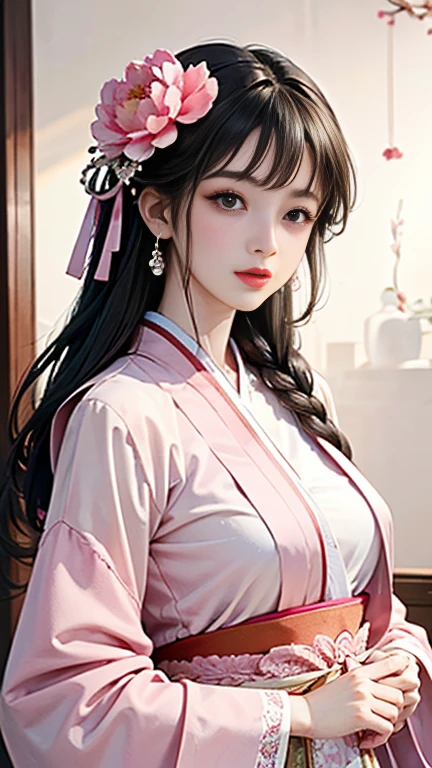 ( High resolution、masterpiece、Highest quality、High resolution、8k、 Super detailed)、 Young beautiful woman、Beautiful Face、Beautiful Face、Pretty lips、Ample breasts、Tea-black Maruge Hairstyle、I am vigorously exercising my body in martial arts training.、Standing posture、Hanfu、Full Body Shot、background、Fantasy World、Immortal Realm、The world of immortals、The palace residence、Pink peony flowers、Colorful flowers、Peach Tree、Vibrant colors、Detailed CG、