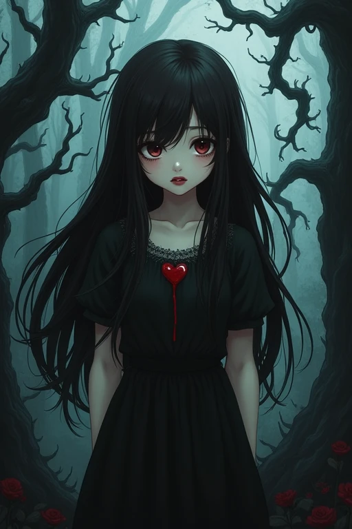 Vampire girl with chocolate brown eyes and long dark brown hair and she doesn't have bangs. She's slightly eerie and against the backdrop of the dark forest. Small eyes and small heart-shaped lips. The girl is covered in blood. It's in the style of goth and tim bertchen.ukiyo-e, anime style,