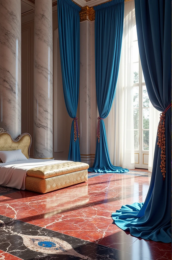 The tapestries were of white cloth, Unripe, and blue celeste, hanging from cords of fine linen and purple, and silver rings, and marble columns; the beds of gold and silver, on a red marble floor, and blue, and white, and black