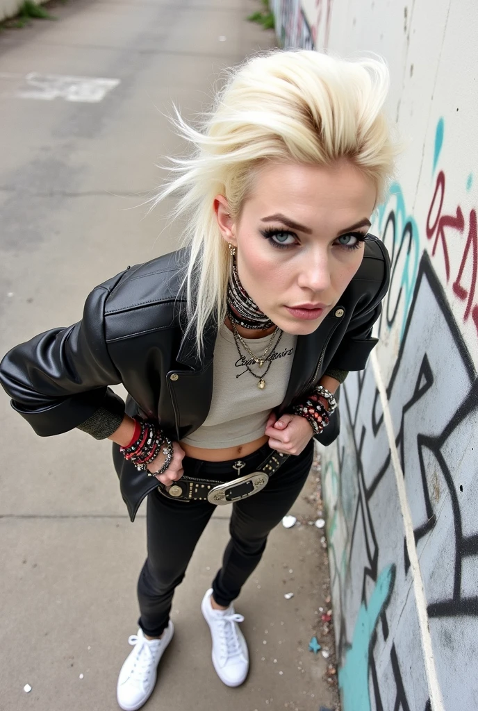 Russian woman platinum blonde hair in quiff style, very pale, very light blue eyes, bog eyes. Excessive makeup, smeared. Black leather jacket, cropped metal band t-shirt, skinny black jeans, white tennis sneakers. Without glasses. Lots of bracelets. Wide leather belt with oversized tacky buckle. Sleepy face