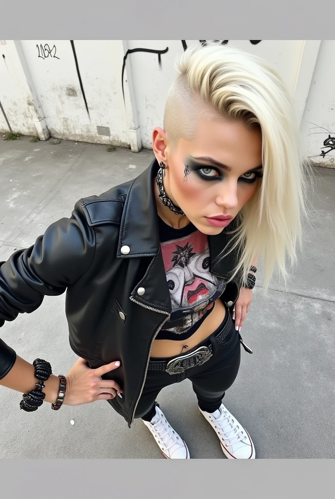 Russian woman platinum blonde hair in quiff style, very pale, very light blue eyes, bog eyes. Excessive makeup, smeared. Black leather jacket, cropped metal band t-shirt, skinny black jeans, white tennis sneakers. Without glasses. Lots of bracelets. Wide leather belt with oversized tacky buckle. Sleepy face 