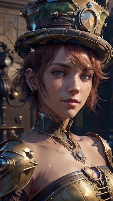 portrait, Close-up, upper body. Short, Red hair, green eyes, steampunk clothing, hat top hat, smile, girl s old. (masterpiece, top quality, Best quality, official art, beautiful and aesthetically pleasing:1.2), extremely detailed,(fractal art:1.2),colorful,The most detailed, (dynamic pose), (Many colors:1.4). ((split. skin texture, Shiny skin. elegance. photorealism. unreal engine. 3D model. Ultra high quality textures. high detail. permission 8k))