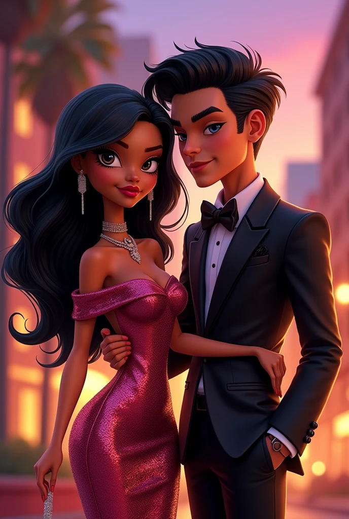 Animated Bratz style black haired couple dressed elegantly
