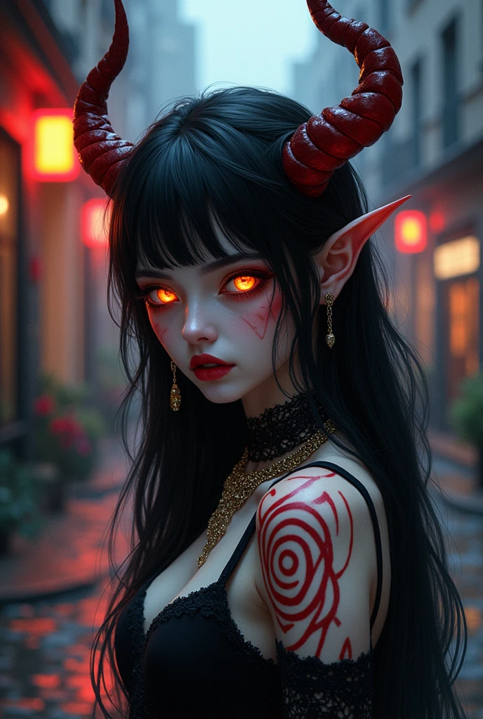 Make a girl with demon or demon face with aesthetic vibes opposite for angelic 