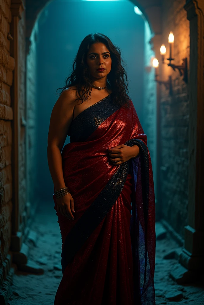 Fortune telling hall,indian astrology,Looks like Aparna Dixit, full body Closeup shot, Big chubby aunty, milf, cougar lady witch, horny Gothic milf,  50 years old gorgeous mature lady, pervert demoness, demoness of lust, curvy, black lips, horny face, extremely gorgeous, thick figure, heavy physique, voluptuous, curvy, sexy figure, Fashionable portrait of androgynous alien looking witch wearing veil, (glowing eyes:1.5), futuristic design, minimal details, givenchy, photoreal, 200mm, hd, f/ 2.0, highly detailed, surreal, sexy beautiful evil woman, sexy bold sequin Saree with strapless Bra, chudail, Pishachini, horror genre, blood-thirsty enchantress, powerful female spirit, eerie, drop dead, in the style of red and blue, (intricate details, hyperdetailed:1.15) (skin texture:1.2), dark Moody tone, cinematic lighting, haunted place in background, 
