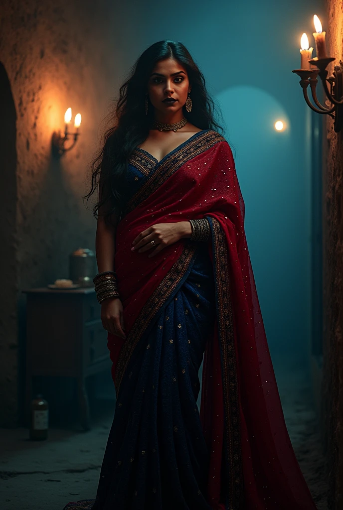 Fortune telling hall,indian astrology,Looks like Aparna Dixit, full body Closeup shot, Big chubby aunty, milf, cougar lady witch, horny Gothic milf, 50 years old gorgeous mature lady, pervert demoness, demoness of lust, curvy, black lips, horny face, extremely gorgeous, thick figure, heavy physique, voluptuous, curvy, sexy figure, Fashionable portrait of androgynous alien looking witch wearing veil, (glowing eyes:1.5), futuristic design, minimal details, givenchy, photoreal, 200mm, hd, f/ 2.0, highly detailed, surreal, sexy beautiful evil woman, sexy bold sequin Saree with strapless Bra, chudail, Pishachini, horror genre, blood-thirsty enchantress, powerful female spirit, eerie, drop dead, in the style of red and blue, (intricate details, hyperdetailed:1.15) (skin texture:1.2), dark Moody tone, cinematic lighting, haunted place in background,