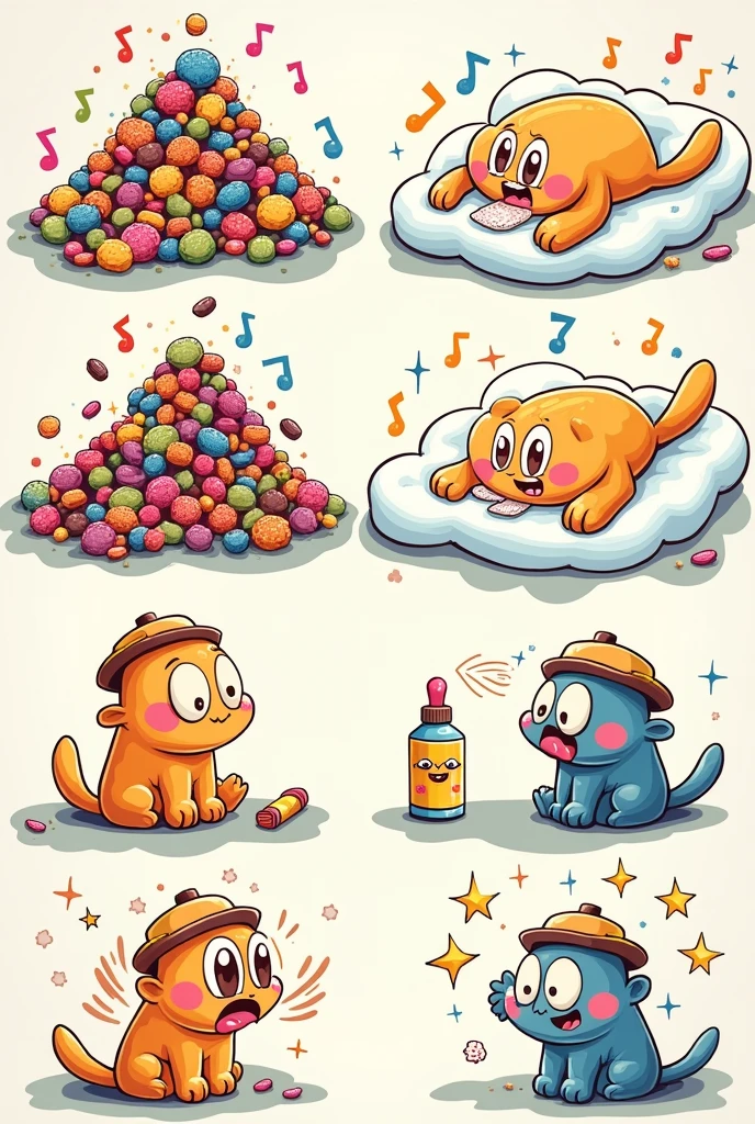 Thai idioms about taking medicine, divided into 4 parts. The first part is a picture of a person eating sweets and the second part is lying unconscious. The third part is taking bitter medicine and the fourth part is making the body strong. I want it to be a cute cartoon character.