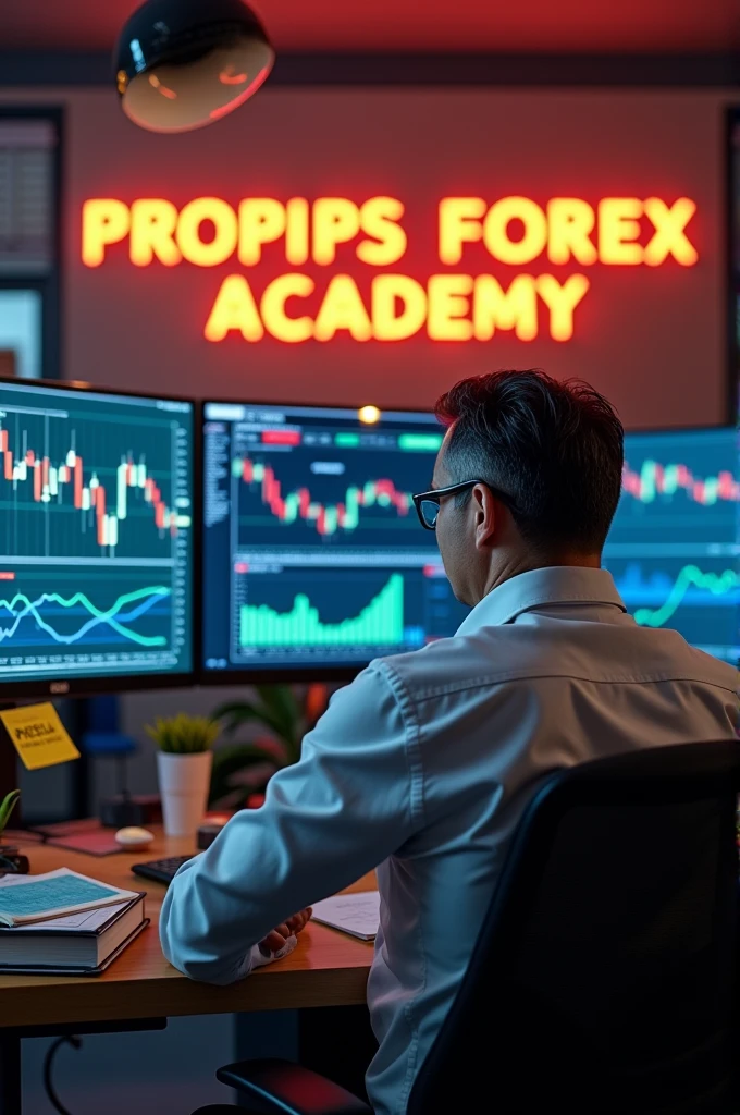 A forex trader sitting down trading, with a written word on the wall PROPIPS FOREX ACADEMY 