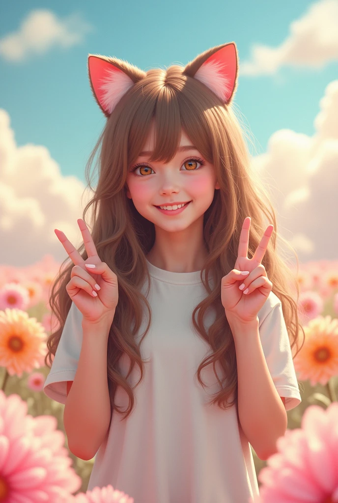 Cat ears, boy, long brown hair, cute, femboy, doing a cute pose
