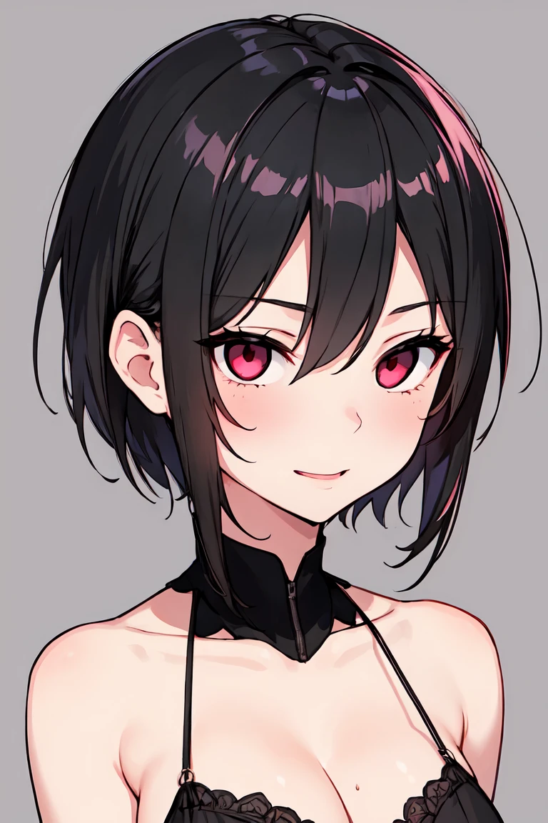 8k,illustration,short hair,,White background,Black_hair,Ruby red eyes,Solitary,1 Girl,,best quality, Extremely refined、double eyelids,Simple background、face close-up、Immature,ethereal,乾淨White background,No background,Flirting eyes,interesting soul,Like shyness,Center the face,Charming smile and delicate face, (Sexy expression: 1.5) (Natural face: 1.5),Interested little head shake,Looking for attention, (manga influence:1.3), Clear lines, Eye-Catching Visuals