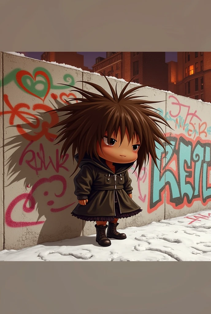 Cover art for an urban Rap theme with graffiti-covered walls, the face is covered and the neighborhood is in the background. The character has messy hair like in the photo. 