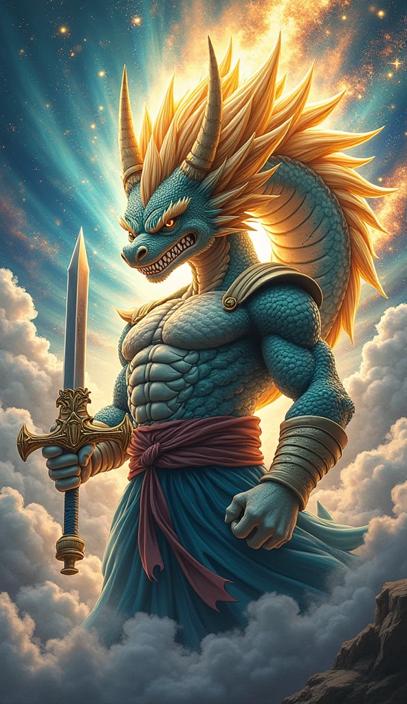 drawing of a dragon with a sword and a hat on, dragon ball concept art, highly detailed portrait of goku, super sayan, super saiyan, going super saiyan, super sayian goku, inspired by Toriyama Sekien, goku portrait, super saiyan goku, goku, portrait of goku, son goku, super saiyan 3