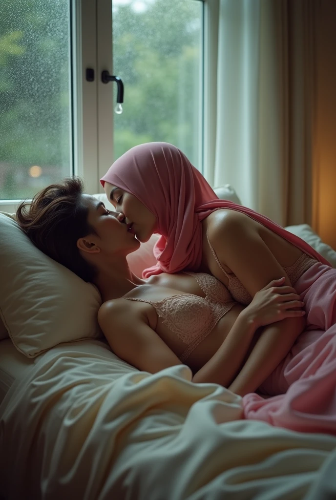 beautiful hijab indonesian lesbian girl laying down,bra and panties,hugging,french kiss,breast grope,view from far,,raining,x