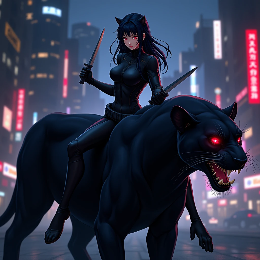 Yuri  with black hair and red eyes in action at spy and family in anime style with both knife in hands hidding her face only her red eyes glimmering at dark city light... There's a big huge black panther she is sitting on it's back with her savage attitude 


