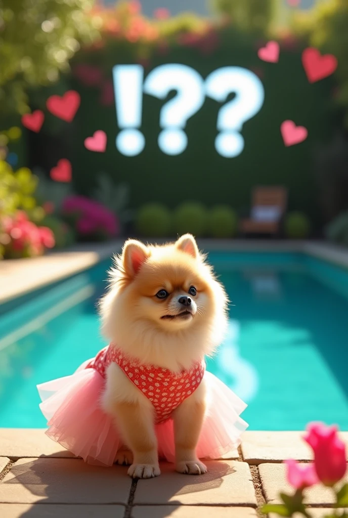 A Pomeranian wearing a dress, with a large pool and a big garden in the background,big "!?" on the screen is written in big letters on the screen,Heart symbol、