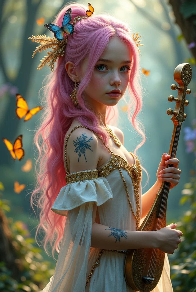 A very beautiful girl, Young and sexy with extremely pink hair with blue streaks. Her skin is white and delicate and has golden butterflies scattered that are like tattoos, besides her body being covered in a shiny golden powder, your eyes are silver, She is noble e possui vestes chiques e elegantes porém é uma aventureira filha de uma fada, She is noble, She is also a bard and loves music, She is always with her delicate lute, besides carrying her beautiful sword with her dagger shaped like a flower, Because she is a bard, she is always with her lute in hand and her beautiful sword with a flower-shaped dagger..
