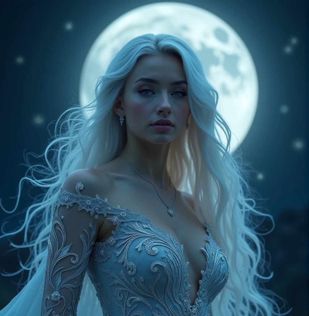 photo, 8k portrait of beautiful moon goddess with silver hair, flowing gown, full moon background, intricate, elegant, highly detailed, majestic, digital photography, masterpiece, sidelighting, finely detailed beautiful eyes: hdr, realistic, high definition, cinematic photograph, sexy