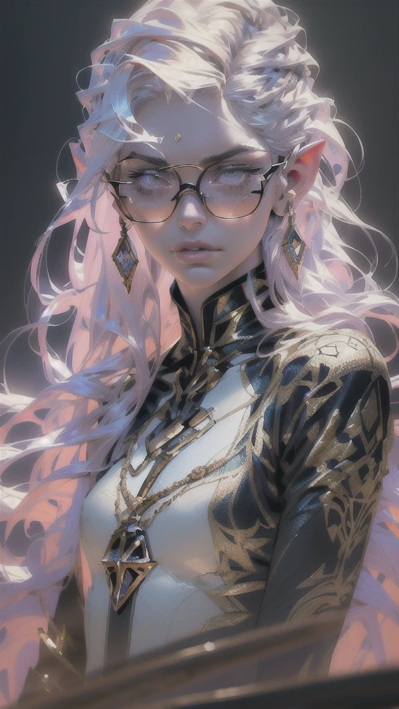 a beautiful man-elf with long hair, long ears, slender body, aristocratic clothing, transparent glasses, detailed face and body, intricate patterns on clothing, (best quality,4k,8k,highres,masterpiece:1.2),ultra-detailed,(realistic,photorealistic,photo-realistic:1.37),fantasy,digital painting,concept art,vibrant colors,dramatic lighting