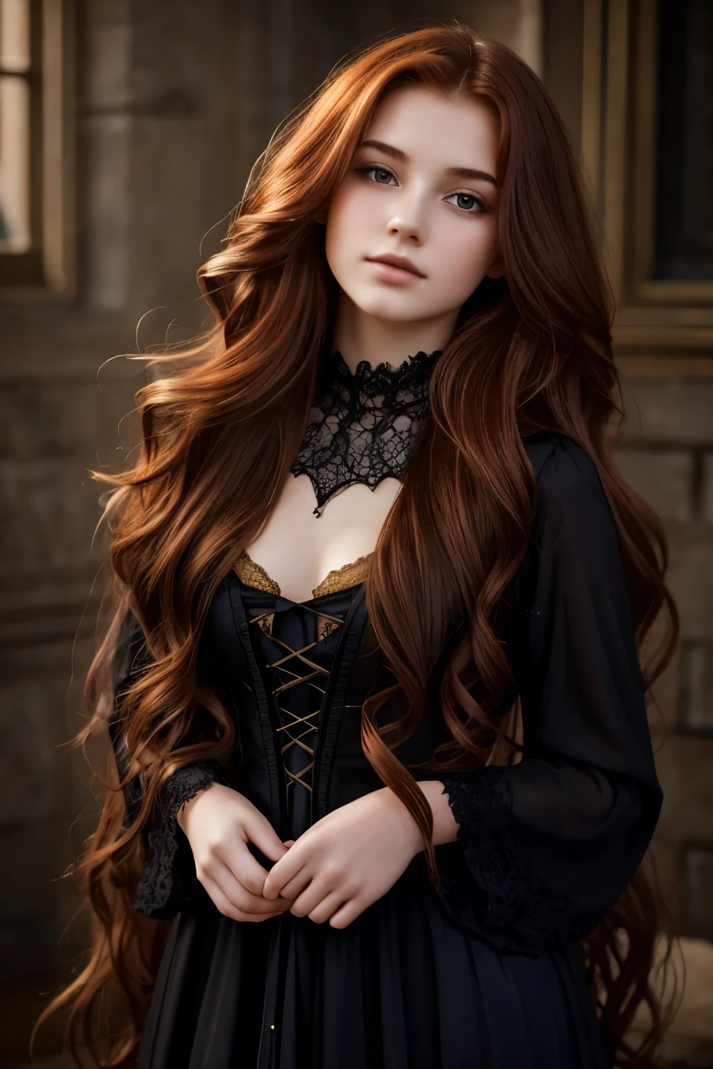 a beautiful 18 year old girl with long wavy auburn hair, wearing sensual gothic clothes, an ethereal light envelops her