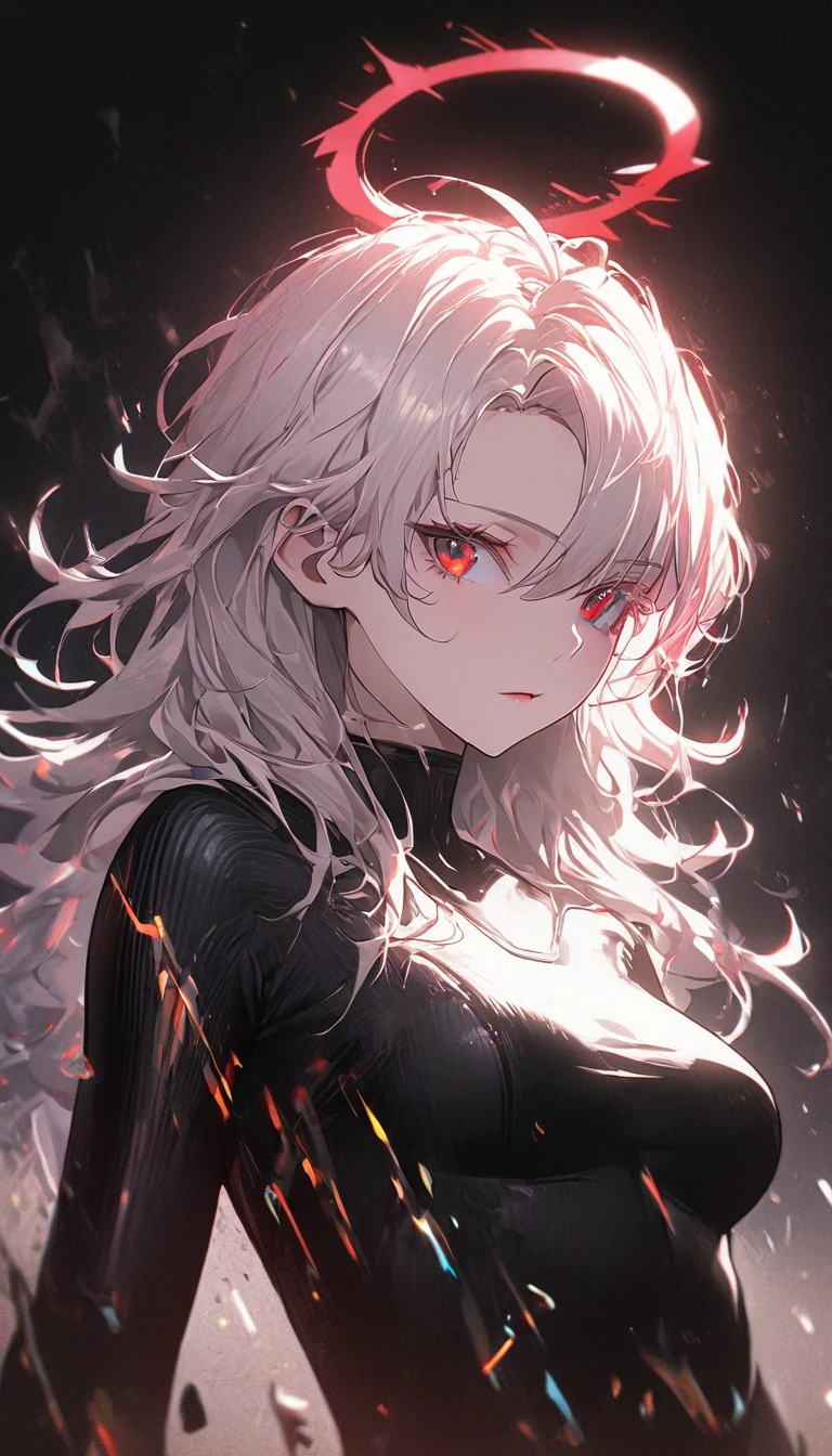 1girl, white hair, wild hair, red eyes, (white eyelashes:1.2), emotionless, red glow halo, (chromatic aberration:1.2), solo, digital dissolve, black bodysuit, 20 years old, mature, arrogant expression, black background, look at viewer 