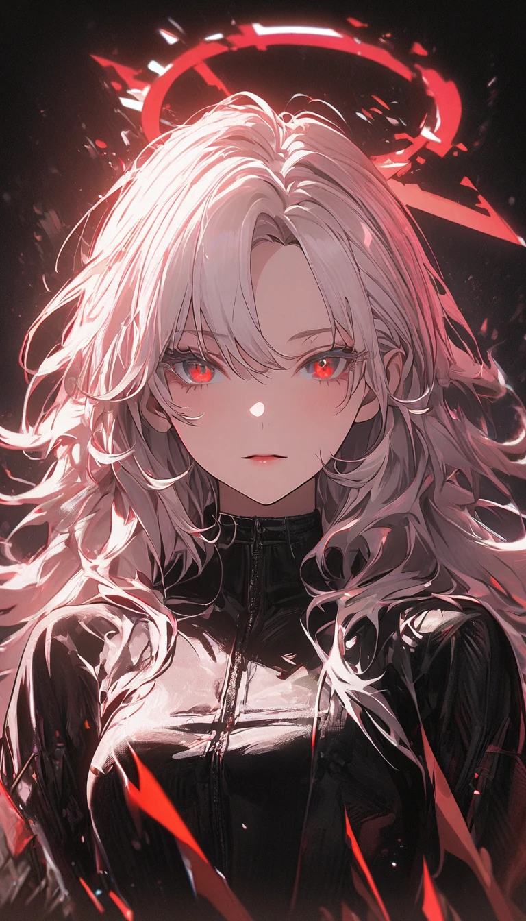 1girl, white hair, wild hair, red eyes, (white eyelashes:1.2), emotionless, red glow halo, (chromatic aberration:1.2), solo, digital dissolve, black bodysuit, 20 years old, mature, arrogant expression, black background, look at viewer