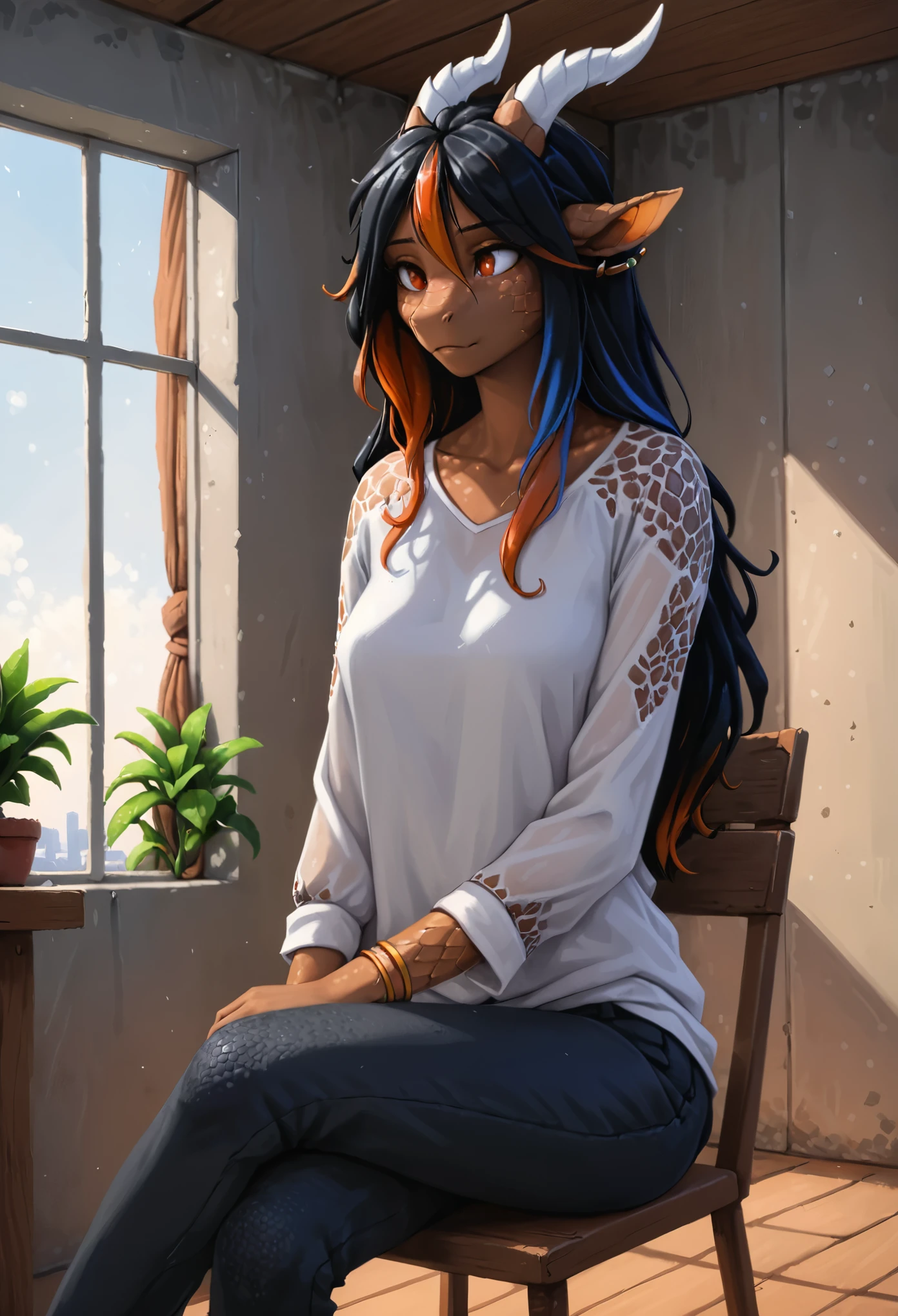front view, best quality,  wide shot, 

(dragan), woman, antrum, 1girl, alone, delicate body, slim body, far, , bracelets, multicolored hair, long hair, horns, dragon horns, anime style, high quality, best quality, flaking skin, sitting, sitting in a chair, in a room, crossed legs, realistic style, scales, dark scales, leg with scales on thigh, arms with scales, face with scales, dark skin,  Flaky skin, textured scale, closed clothes, closed pants, white t-shirt, long sleeve blouse, black blouse,

[by Alex Timmermans:by jaynaylor:0.25],
detailed background, detailed foreground, depth of field, ambient silhouette, backlighting,

