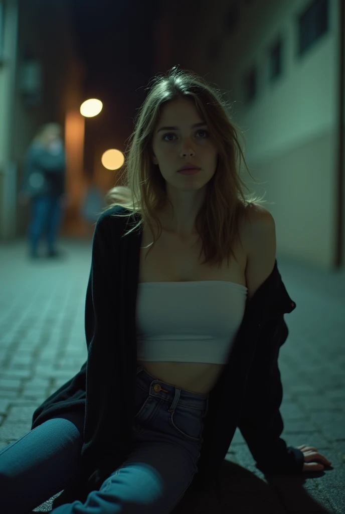 A teenage girl who likes to show off her body takes off a jacket late at night at school，Show your shoulders, There are no lights on the street, sit on the floor, Drunk girl, Delicate face, Pretty Face, Perfect face, Sleepy innocent face, Detailed body, Beautiful Body, There is a person in the background secretly observing, Perfect body, Horny body, Reality girl, 8K, HD,
