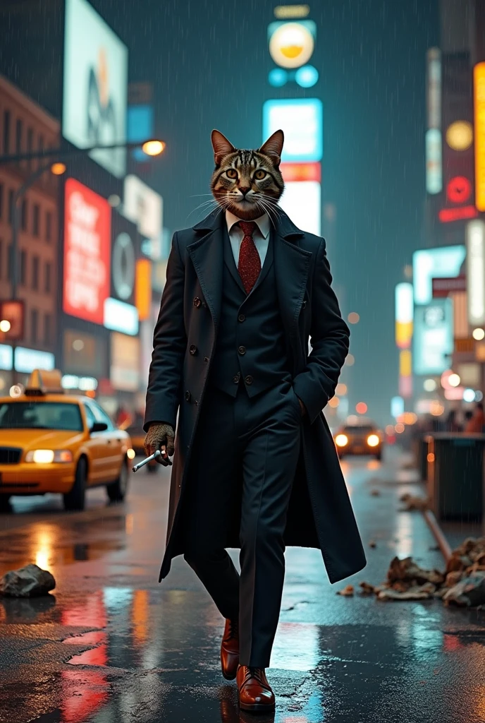 An animation of a humanized cat, wearing an overcoat, a pair of dress pants and dress shoes, smoking a cigarette. Walking through the streets of a big city at night. The weather should be rainy and there should be cars and taxis nearby. The lights of the buildings should be on. The ground should have trash and puddles.