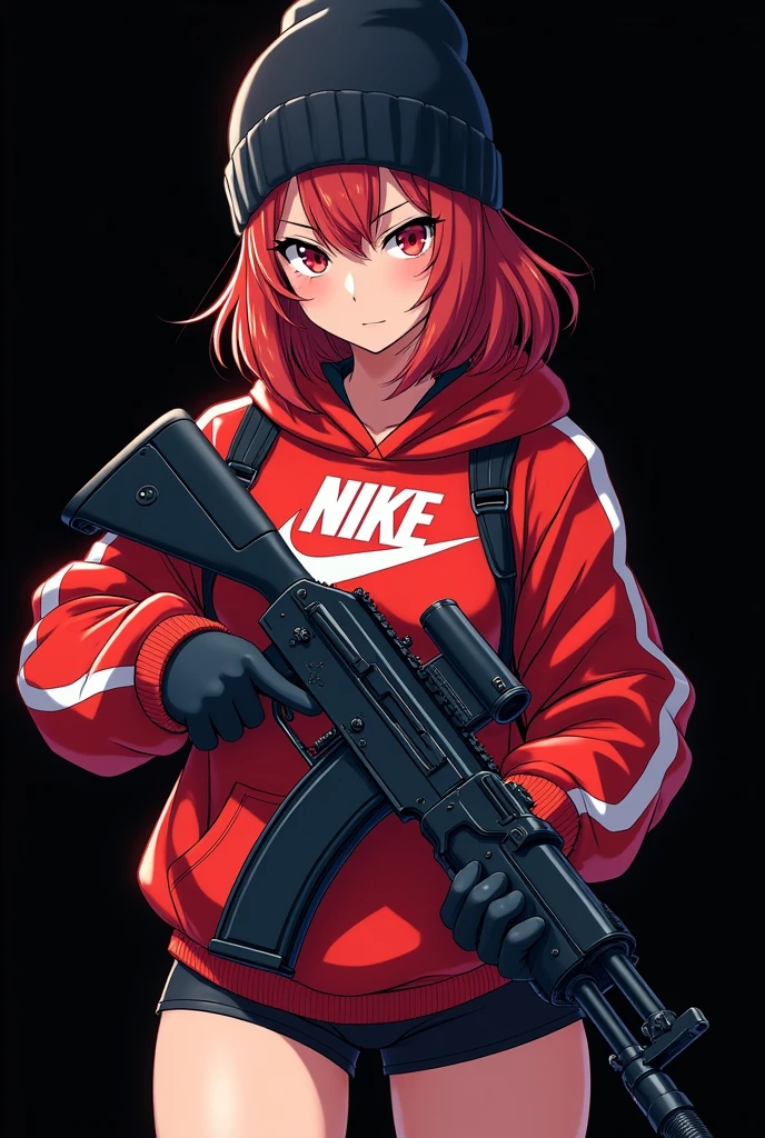 Anime girl in a Nike outfit with an AK-47 in a beanie (Black background)