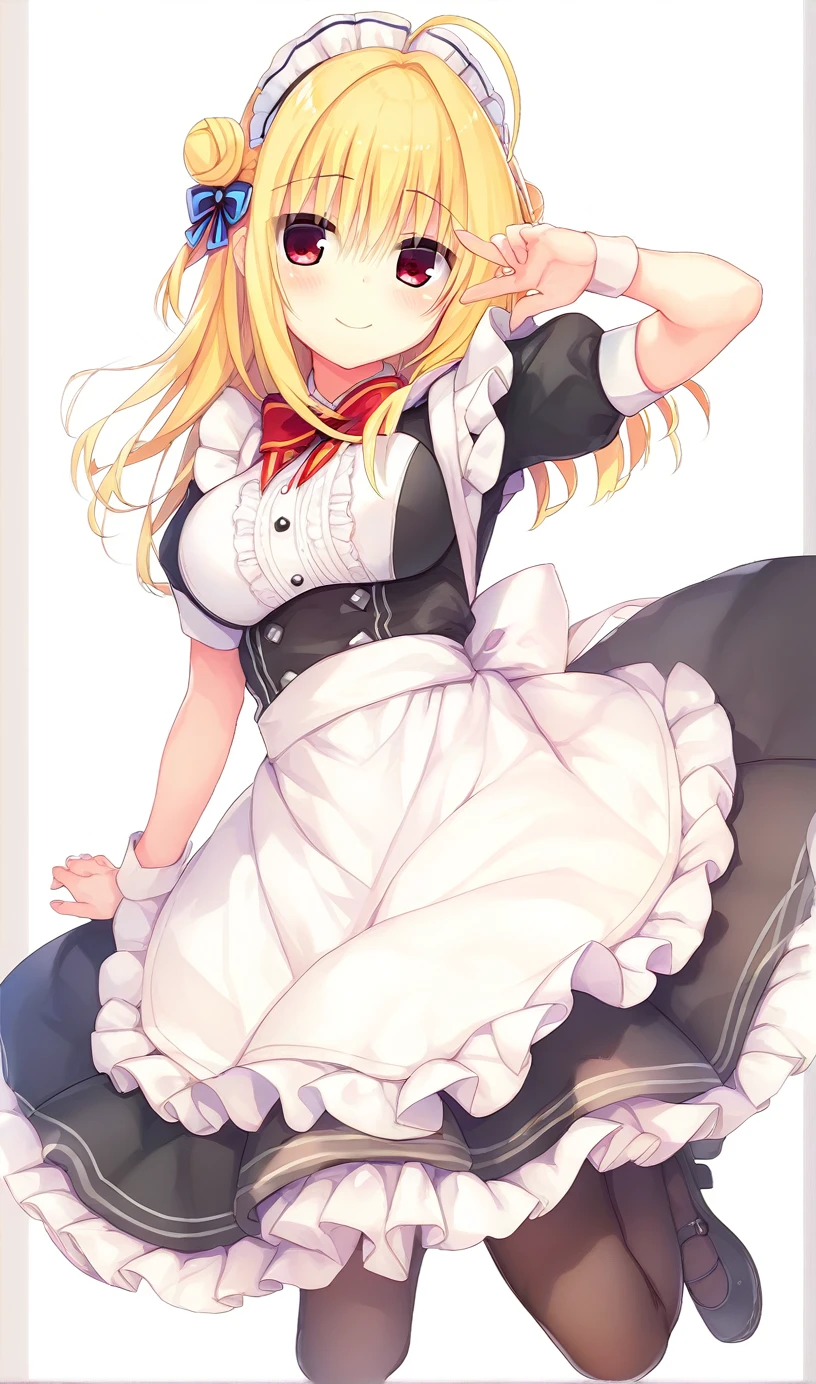 hiyori-default,red eyes,blonde hair, double bun,ahoge,maid,maid costume,maid_headdress,bowtie,black_pantyhose,smiling,full_body