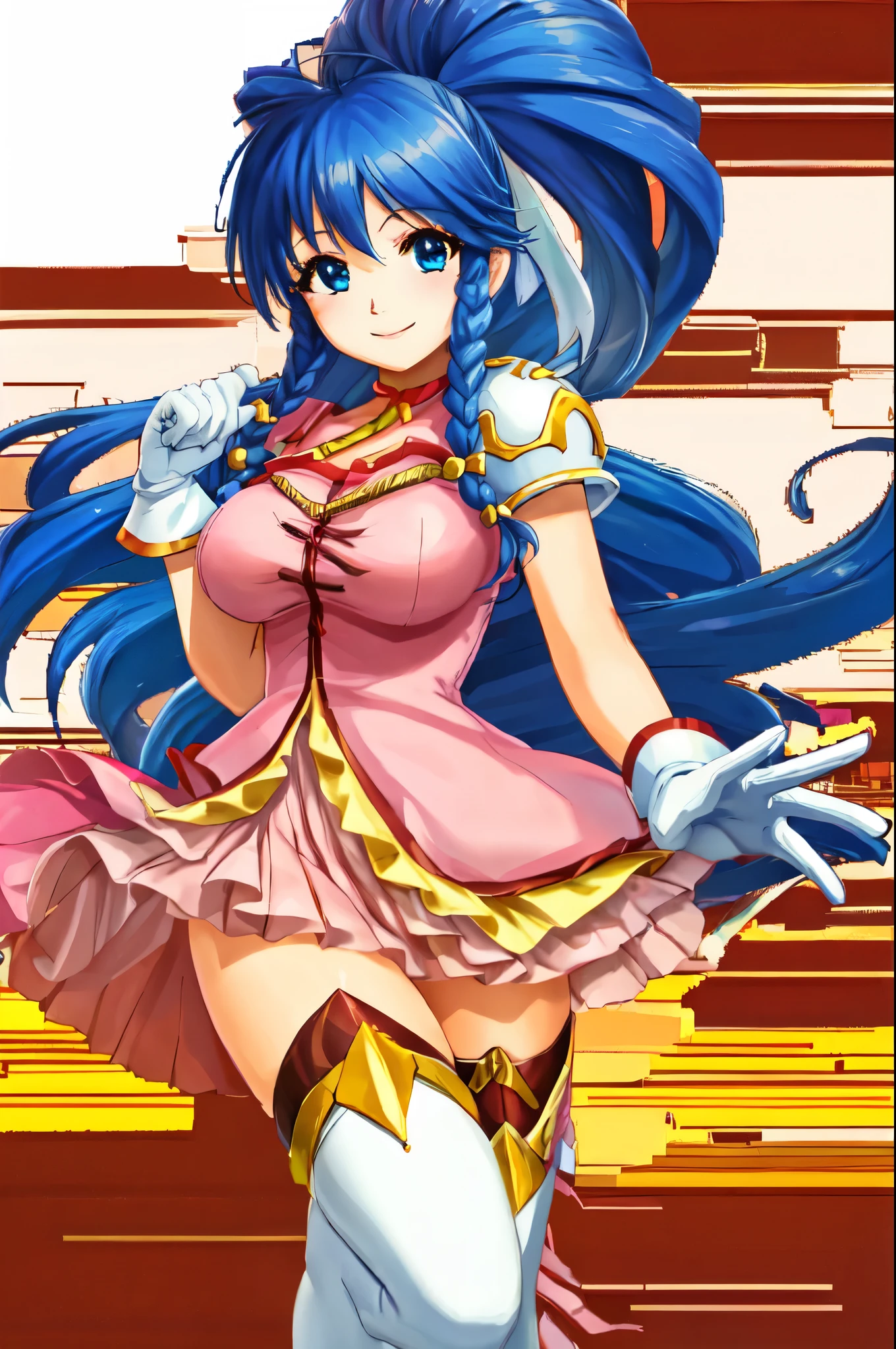 tana_fe, skirt, white thighhighs, white gloves, pauldrons, pink dress, 1girl, cowboy shot, gloves, smile