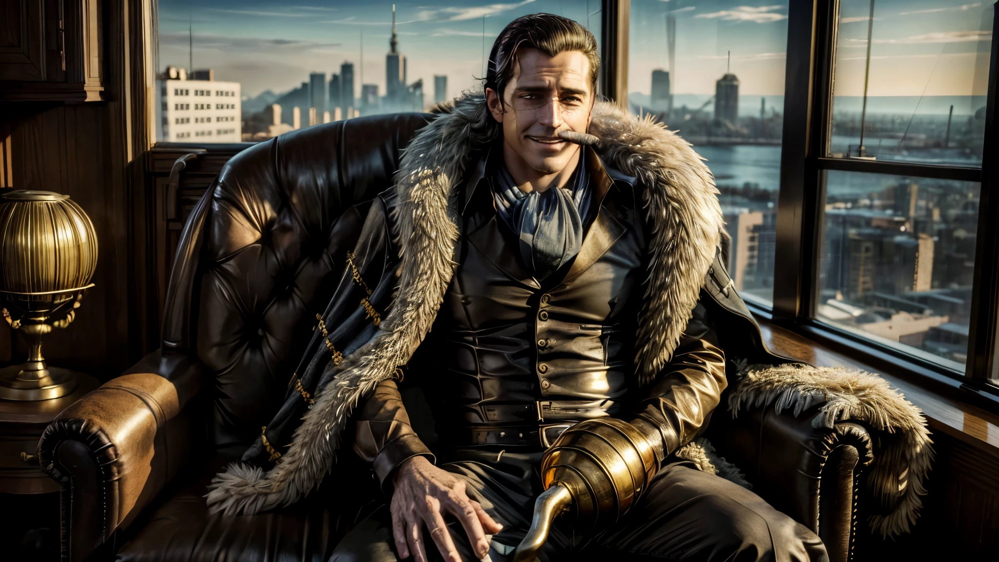 masterpiece, best quality, extremely detailed, hyperrealistic, photorealistic, a cool 40s man, ultra detailed face:1.2, fur-trimmed coat, scarf around the neck, his left hand is a golden pirate hook:1.1, cigar, wide shot, ultra detailed modern office, glassed in,the view from high-rise, sly smile, sitting a seat